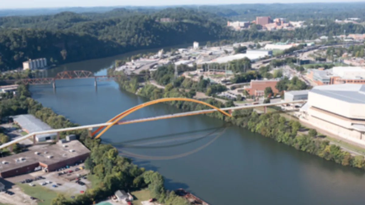 A drawing of a bridge over a river in downtown Knoxville, Tennessee.