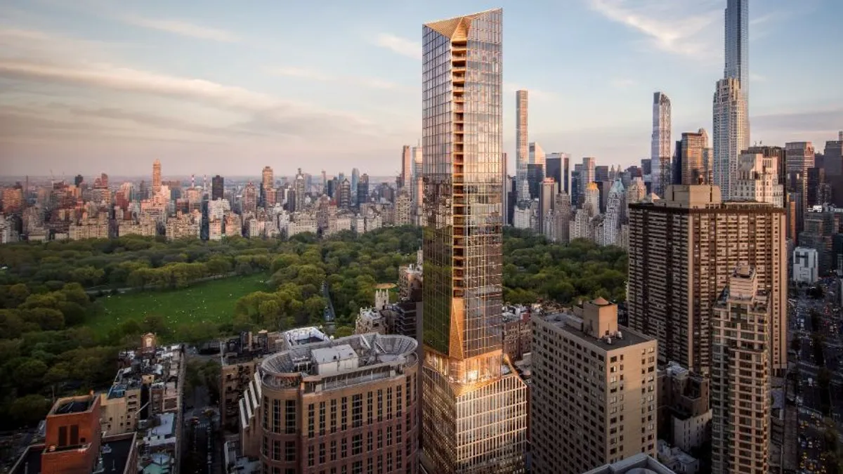 A rendering of a skyscraper overlooking a park in a city.