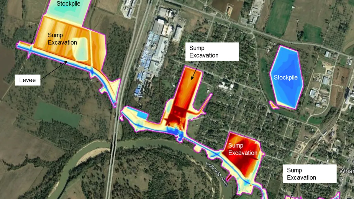 Shaded areas on a satellite map show plans for a levee near the Colorado River in Wharton, Texas.