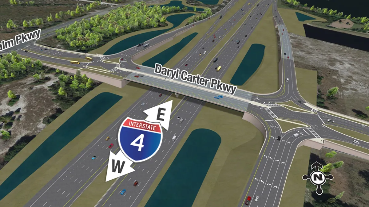 Graphic showing two I-4 roadways running east to west, with the I-4 bridge over them running north to south.