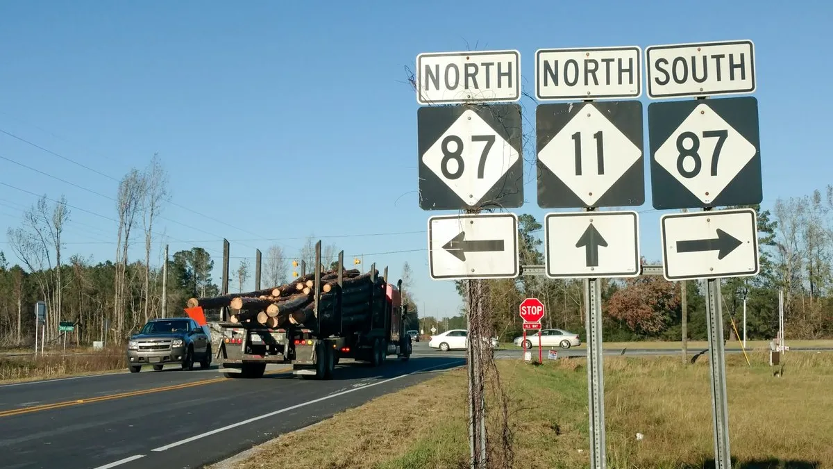 A logging truck and cars drive up and down a road. In the focus of the frame are signs for State Routes 11 and 87 in North Carolina.