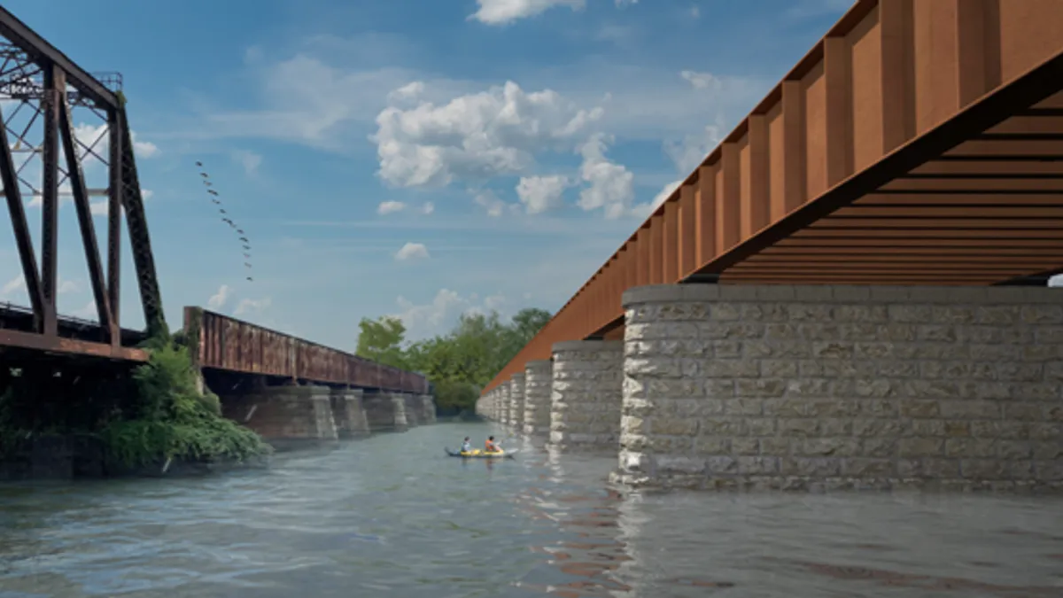 A rendering of a bridge over a river from sea level.