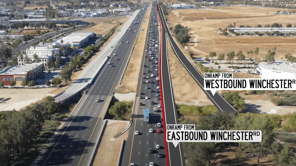 An overhead shot shows traffic stretching for miles on the I-15 freeway.