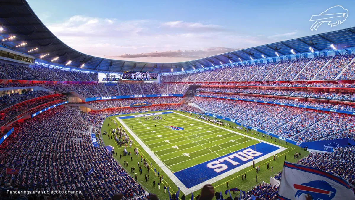 A rendering of the interior of the Buffalo Bills stadium, showing stands and the field.