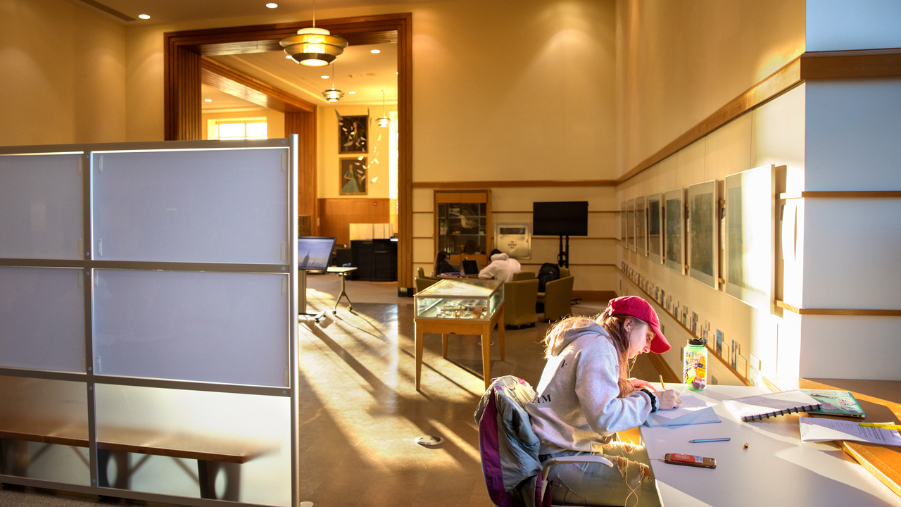 Young woman in a hoodie and baseball cap writing at a sun-lit table