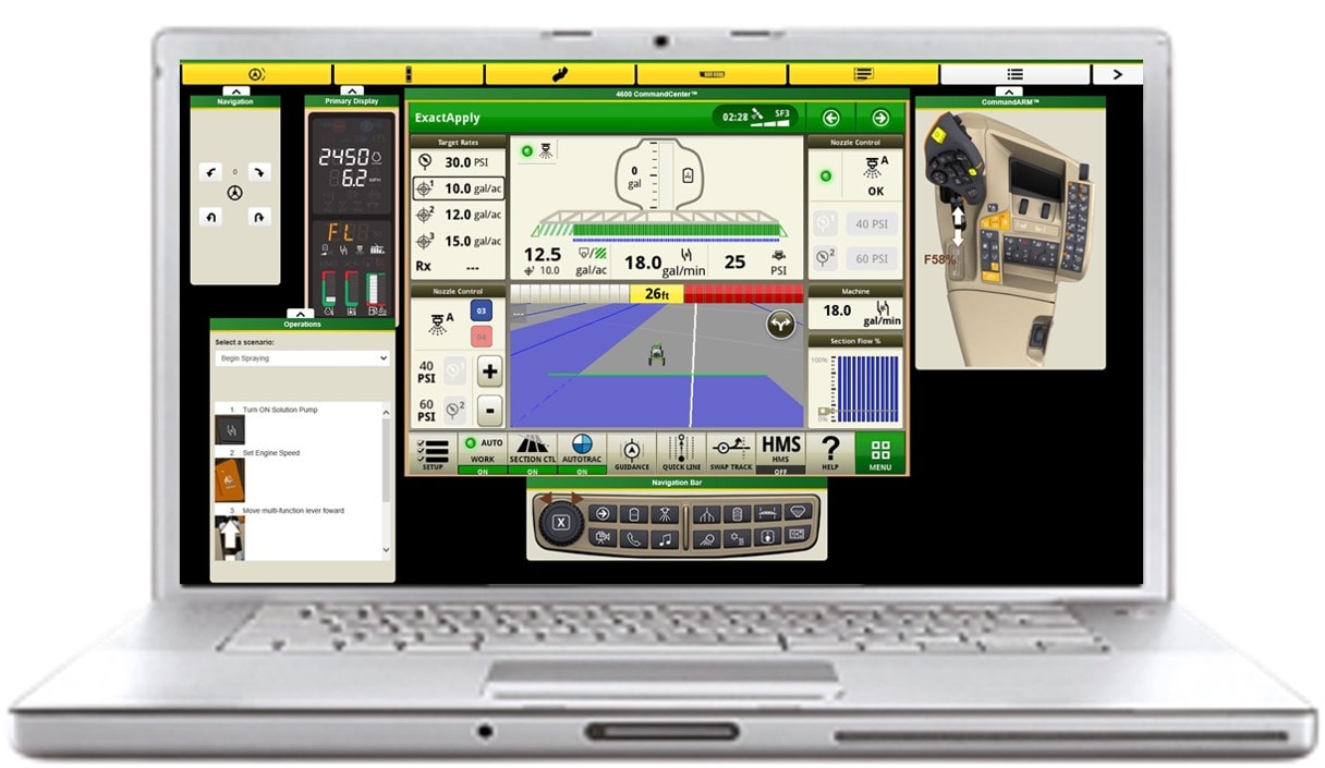 Laptop computer showing agriculture equipment simulator software