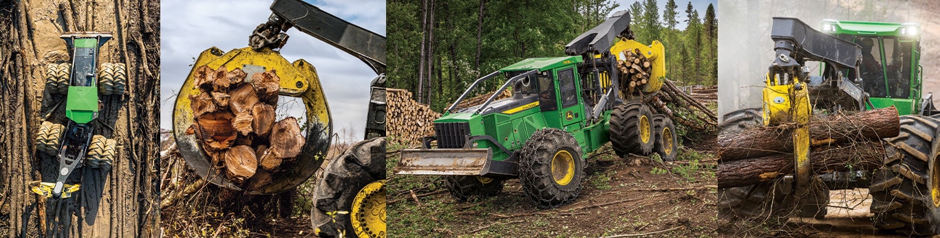 A collage of multiple John Deere skidders working. 