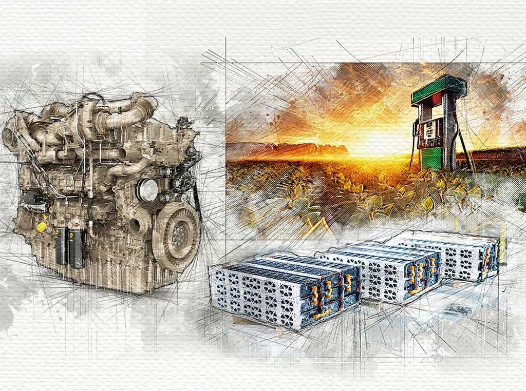 hand sketched drawing of JD engine and battery