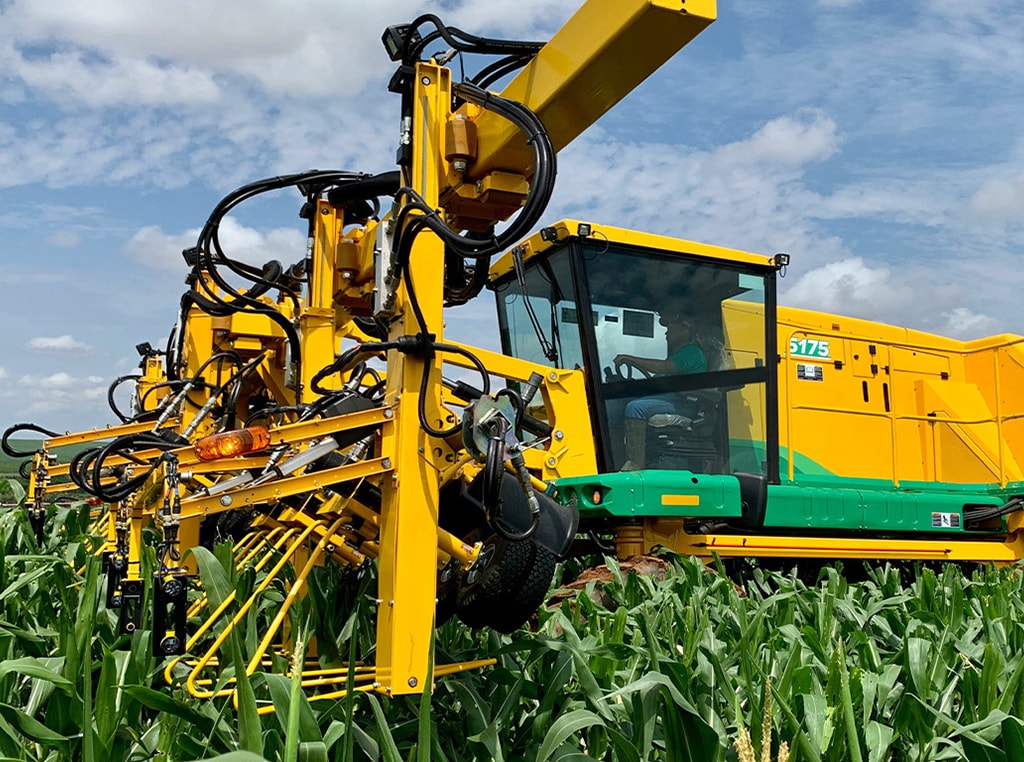 The Oxbo 5175 detassling machine at work in a corn field