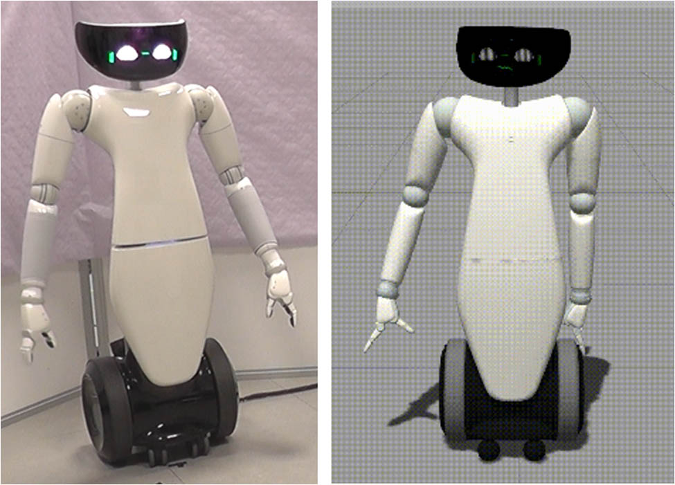 Figure 1 
               The robot R1 in its physical (left) and virtual (right) embodiments.
            