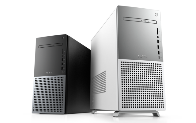 Dell XPS 8950 Desktop in Night Sky (l) and all-aluminum Platinum Silver.