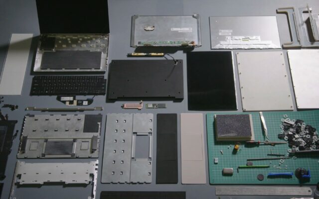 Various computer components laid out on a table.