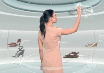 Woman shopping for shoes virtually in AR retail environment, powered by 5G technology.