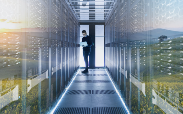 IT professional working on Dell laptop while managing Dell EMC servers, image overlaid with image of flowers in an open field.