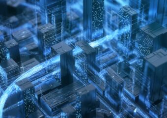 Digital illustration of data moving along IT infrastructure on blue light.