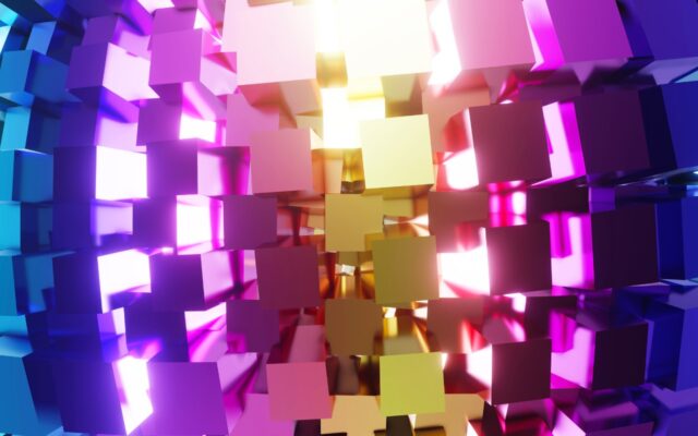 3D rendering of geometric shapes of pink, purple, blue and gold colors backlit.