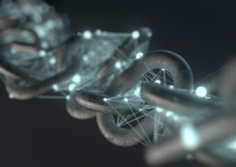 Digital illustration of a steel chain link with connected data points, representing connected security network to help protect a business supply chain.