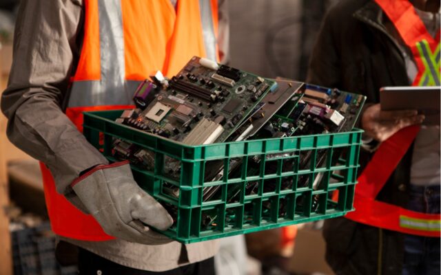 Working in orange safety vest carrying a green bin of sorted e-waste components for recovery and recycling.