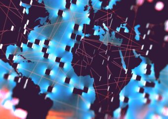 3D rendering of a global map showing connections, representative of supply chain logistics.