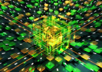 Digital image of futuristic computer network using artificial intelligence, with a yellow and green cube-shaped core structure at the center.