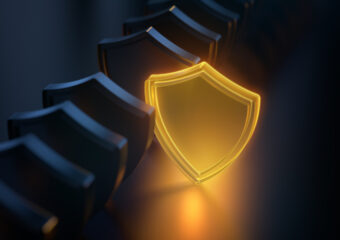 Digital image of a gold security shield standing out from line of other charcoal gray security shields.