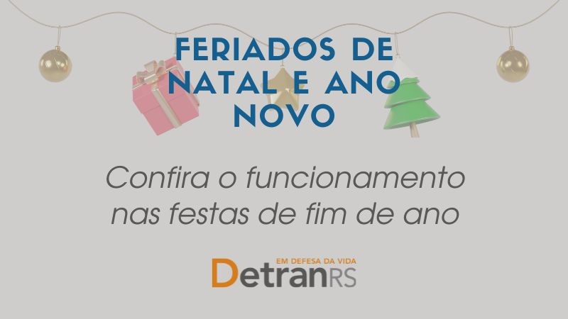 card cinza com cordão de natal onde há uma bolinha, um presente, uma estrela, uma árvore e outra bola de natal, todos em segundo plano e na frente está escrito feriados de natal e ano novo, confira o funcionamento nas festas de fim de ano