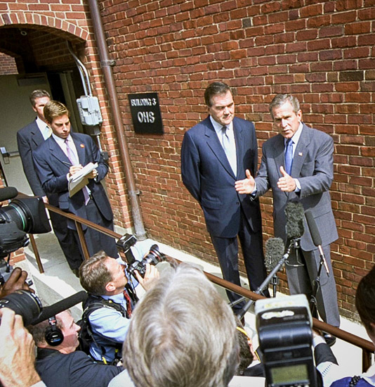 On September 12, 2002, President George W. Bush and Tom Ridge, Director of the Office of Homeland  Security (OHS), toured the Nebraska Avenue Complex, future home of the Department of Homeland Security. (White House photo, Eric Draper)