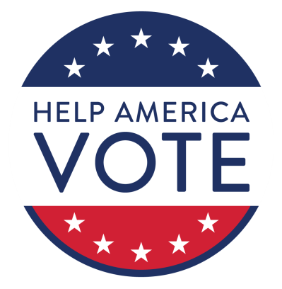 Circular graphic, top of circle (navy blue) 5 white stars, bottom (red) 5 white stars, center white background with text "Help America Vote"