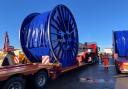 One of the cable drums on the back of a trailer getting ready for delivery