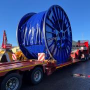 One of the cable drums on the back of a trailer getting ready for delivery