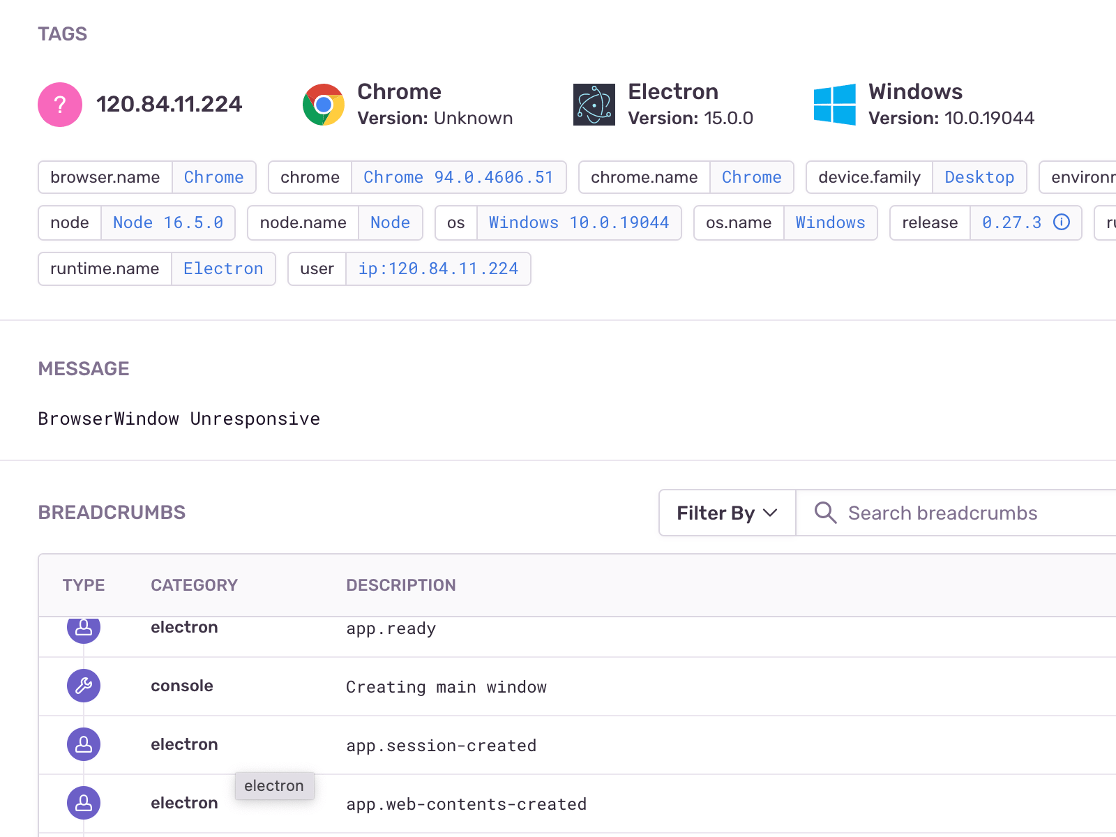 Screenshot of Sentry crash reporting (https://sentry.io). Shows the error message
              ('BrowserWindow Unresponsive'), user breadcrumbs, and user information.