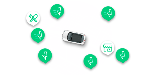 Illustration of an electric car in a city map and icons representing charging points