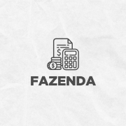 Card em fundo cinza, no qual está escrito Fazenda ao centro, logo abaixo de um ícone formado por uma imagem composta de moedas empilhadas à esquerda, uma calculadora à direita e uma folha de papel com um cifrão desenhado ao fundo. No canto inferior direito está a logomarca utilizada pela gestão 2023-2026 do governo do Rio Grande do Sul.