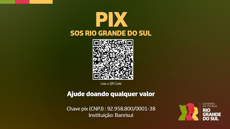 QR Code do Pix contra fundo de cores levemente verdes, vermelhas e amarelas, que se fundem de forma embaçada. Acima do código está escrito PIX - SOS Rio Grande do Sul. Abaixo, Ajude doando qualquer valor e o número da chave. A logo do governo aparece no canto inferior direito.