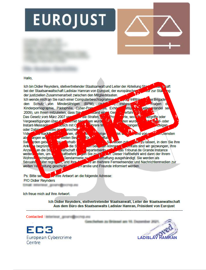 An example of a fake letter misusing Eurojust's identity