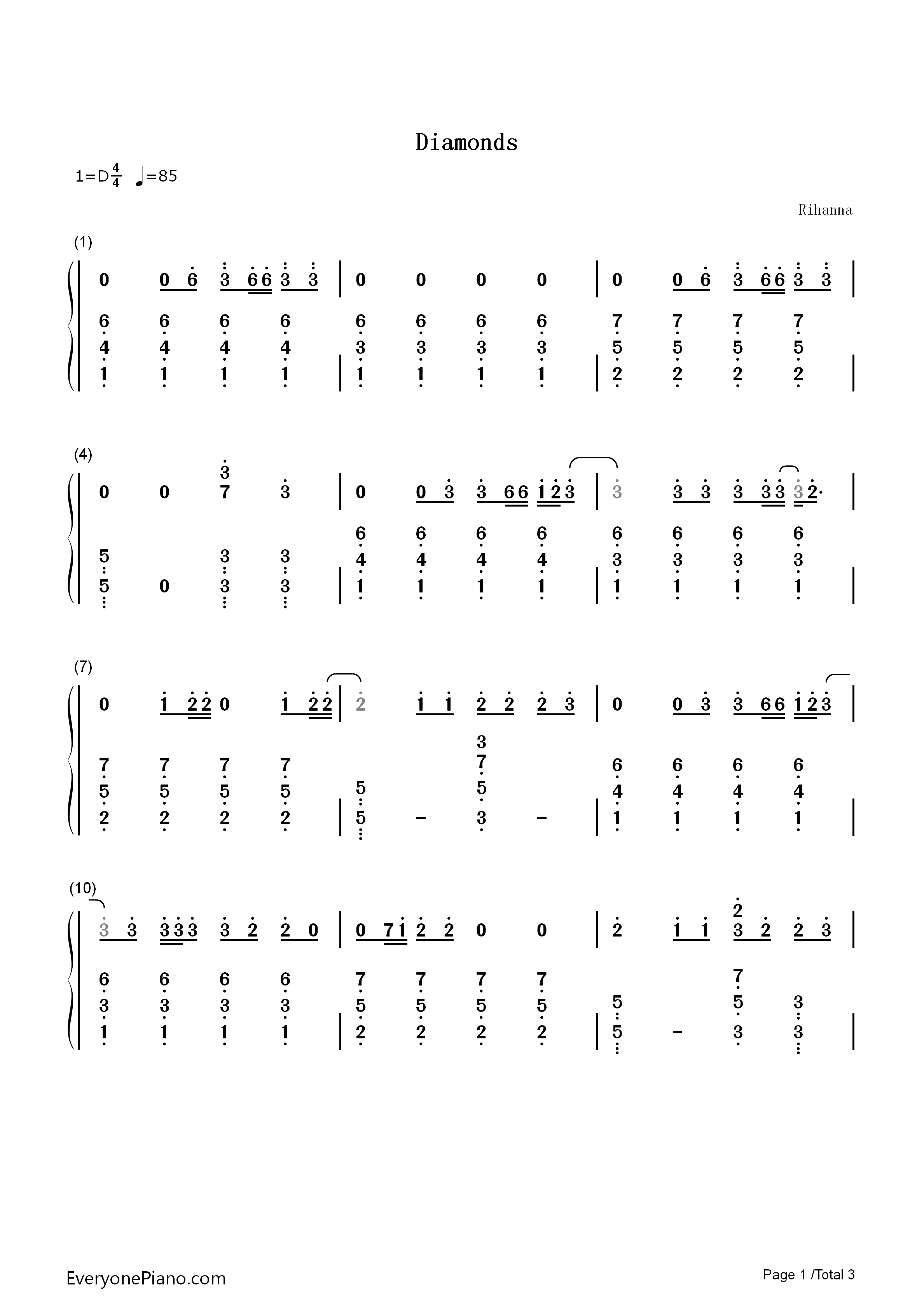 Diamonds simple version-Rihanna Numbered Musical Notation Preview 1