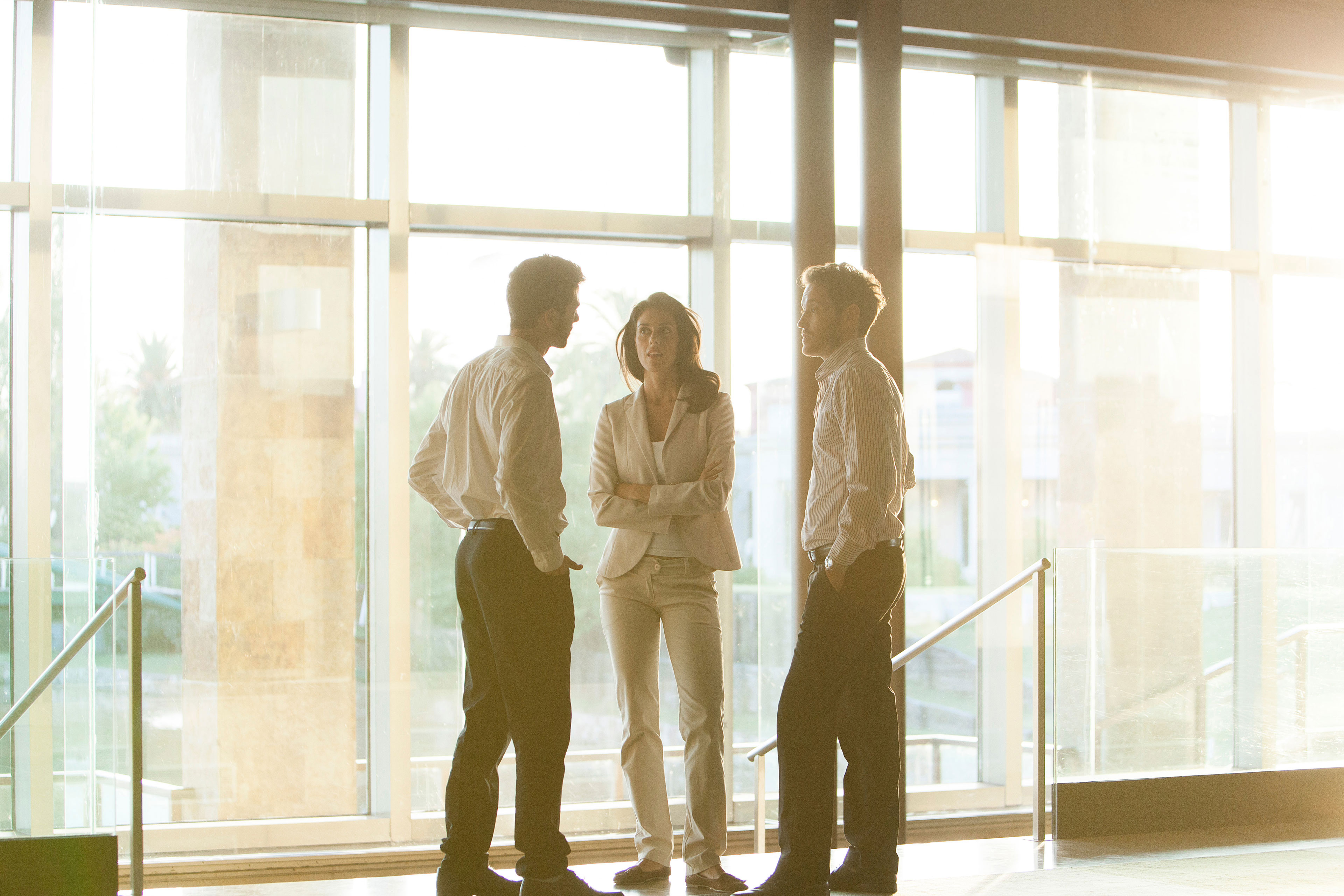 Colleagues share ideas in open space