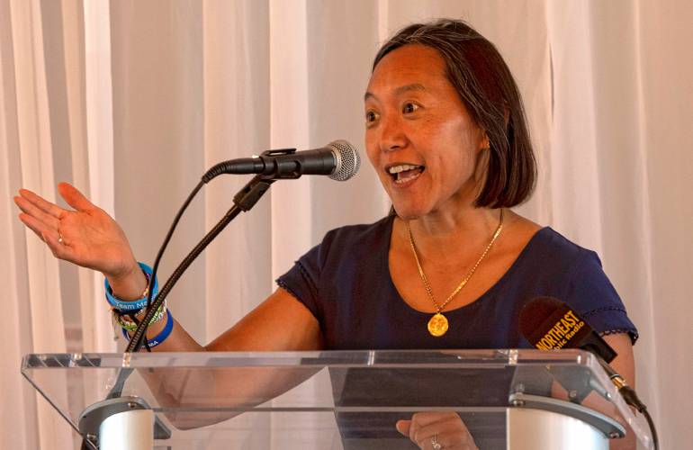 Yvonne Hao, secretary of economic development, speaks during the announcement  of grants to sustainable manufacturing companies in Holyoke Thursday afternoon.