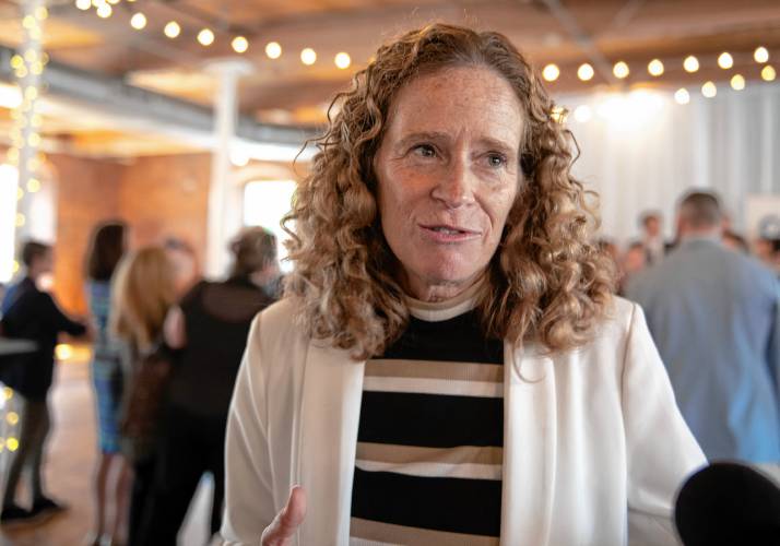 Christine Nolan, director of the Center for Advanced Manufacturing, answers questions after speaking at an event in Holyoke.