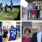 Footage of Labour leader Sir Keir Starmer visiting Bristol Rovers football club and interacting with players and fans whilst on General Election 2024 campaign trail.