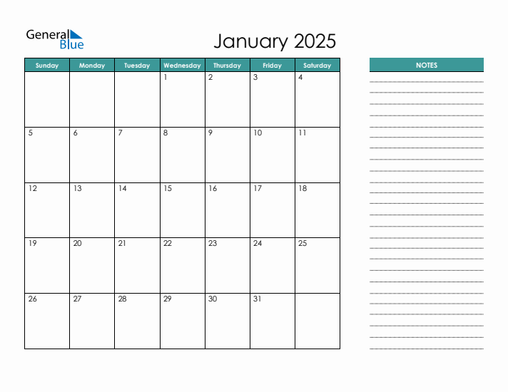 January 2025 Calendar with Notes