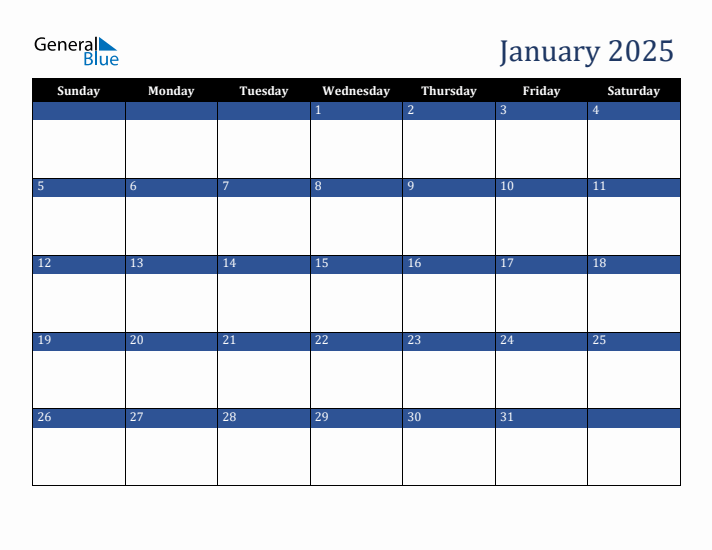 Sunday Start Calendar for January 2025