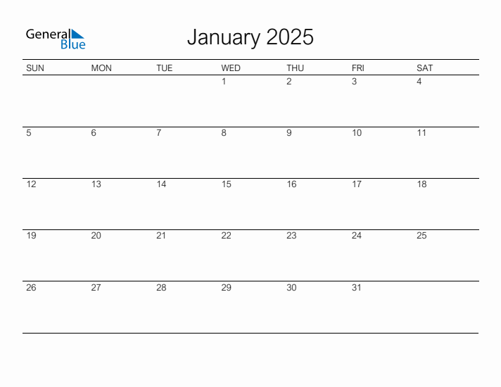 Printable January 2025 Calendar - Sunday Start