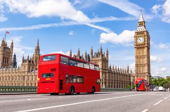 An iconic double-decker bus in London, England.