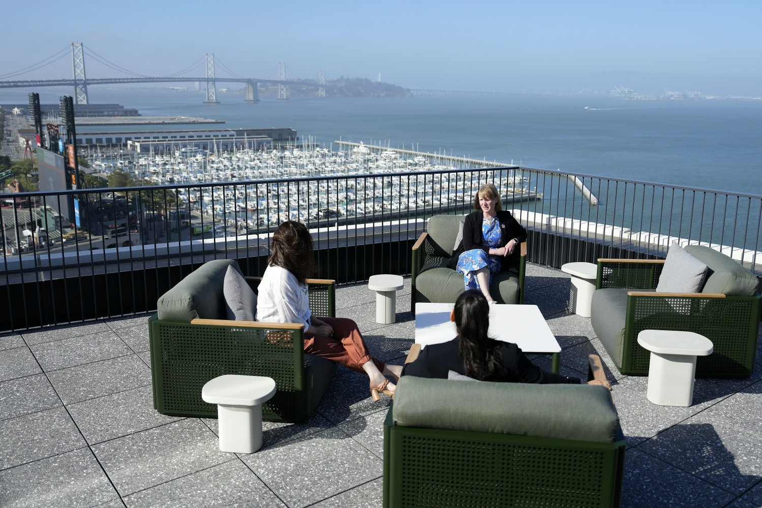 Mission Rock employees enjoy the rooftop deck of the new Mission Support Center in San Francisco 