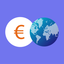 Euro symbol next to a blue globe on a lilac background