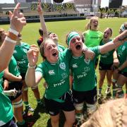 Ireland's Beth Buttimer and Ruth Campbell celebrate the team huddle after the Six Nations Women's Summer Series between Ireland and Scotland at Stadio Sergio Lanfranchi in Parma, Italy, Sunday, July 14th, 2024 (Photo by Ben Brady / Inpho)