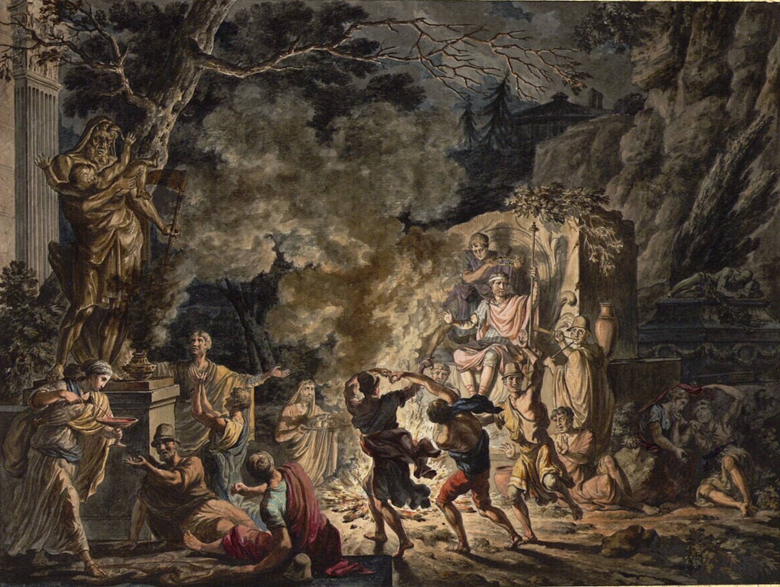 A Saturnalia scene showing the Roman pagan festival in full swing beneath the statue of Saturn. Art by Jean Grandjean, c. 18th century. Albertina. Public Domain.