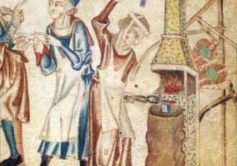 A woman working a nail on the anvil, from the Holkham Bible, England, c.1330. British Museum/Bridgeman Images.