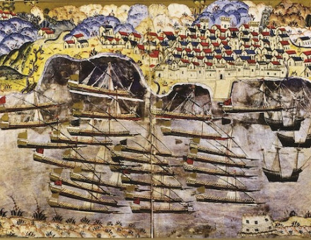 Barbarossa’s fleet wintering in Toulon harbour, 1543, by Matrakçı Nasuh, mid-16th century. Heritage Image Partnership Ltd/Alamy Stock Photo.